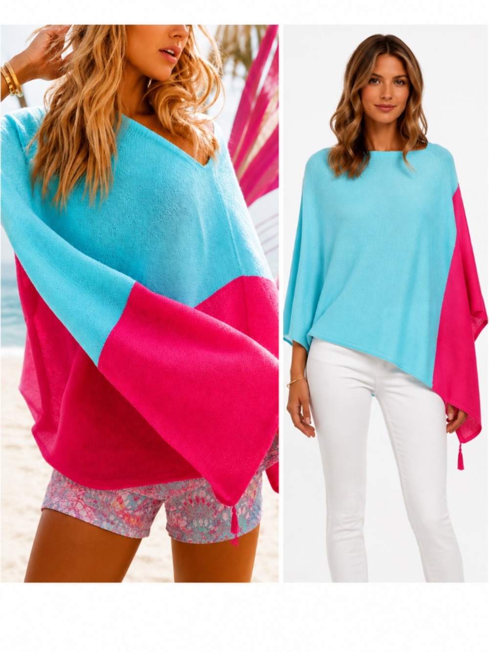 Lilly Pulitzer Aqua Pink Colorblock Tassel Poncho Wrap One Size Cotton Blend